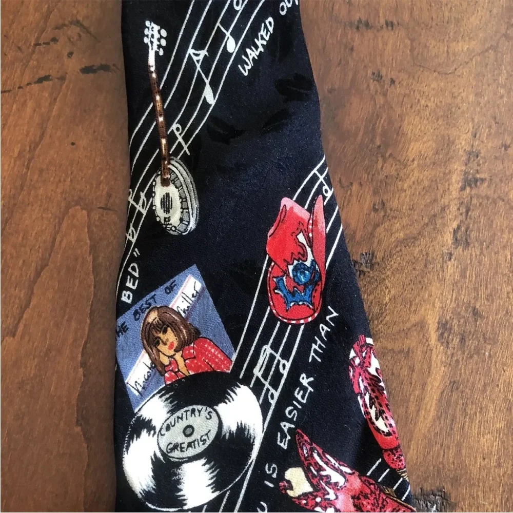 Nicole Miller Country Music Silk Tie Guitar Cowboy Hat Record Black Vintage 90s